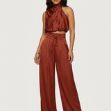 Aurora | Satin Two-Piece Set with Halter Top and Wide-Leg Trousers