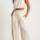 Aurora | Satin Two-Piece Set with Halter Top and Wide-Leg Trousers