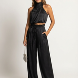 Aurora | Satin Two-Piece Set with Halter Top and Wide-Leg Trousers