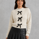 Penelope | Women's Cable Knit Cardigan with Bow Tie Front