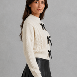 Penelope | Women's Cable Knit Cardigan with Bow Tie Front