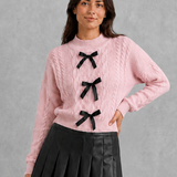 Penelope | Women's Cable Knit Cardigan with Bow Tie Front