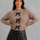 Penelope | Women's Cable Knit Cardigan with Bow Tie Front
