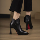 Women's Leather Pointed Toe Ankle Boots with Flared Heel