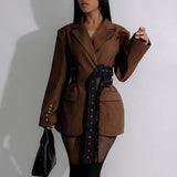 Women’s Brown Longline Blazer with Double-Buckle Eyelet Belt – Tailored Autumn Winter Blazer Jacket