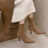 Women's Pointed Toe Suede Sock Ankle Boots with Kitten Heel