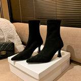 Women's Pointed Toe Suede Sock Ankle Boots with Kitten Heel