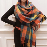 Women's Cashmere-Feel Check Scarf with Fringe – Tartan Blanket Scarf for Winter