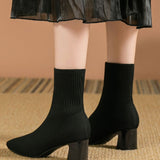 Women's Stretch Knit Square Toe Block Heel Ankle Boots