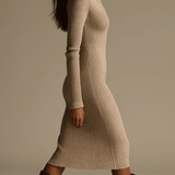 Fiona | Stylish beige striped midi dress