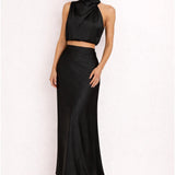 Violet | Satin Halter Neck Co-ord Set with Maxi Skirt