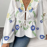 Camille | Floral V-Neck Blouse with Lantern Sleeves