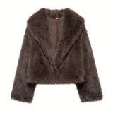 Women's Cropped Faux Fur Jacket with Wide Lapel Collar – Plush Winter Coat
