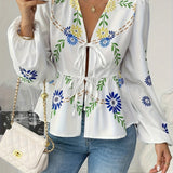 Camille | Floral V-Neck Blouse with Lantern Sleeves