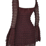 Rosalie | Elegant Brown Floral Lace Mini Dress with Drawstring Bust