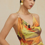 Mariselle | Halter-Neck Art Print Mini Dress with Asymmetrical Side Split