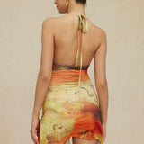 Mariselle | Halter-Neck Art Print Mini Dress with Asymmetrical Side Split