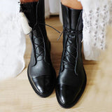 Women's Black Pointed Toe Lace-Up Boots with Block Heel – Leather-Look Ankle Boots, Autumn Winter