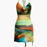 Mariselle | Halter-Neck Art Print Mini Dress with Asymmetrical Side Split