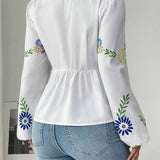 Camille | Floral V-Neck Blouse with Lantern Sleeves