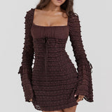 Rosalie | Elegant Brown Floral Lace Mini Dress with Drawstring Bust