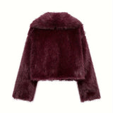 Women's Cropped Faux Fur Jacket with Wide Lapel Collar – Plush Winter Coat
