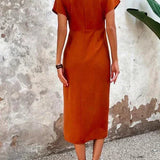 Seraphina | Satin-Effect V-Neck Midi Summer Dress with Split Detail