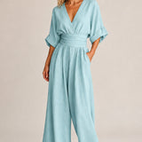 Evie | V-Neck Wide-Leg Linen Blend Jumpsuit