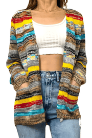 Women's Multicolour Striped Cardigan – Space-Dye Open-Front Winter Knit with Pockets