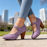 Cecily | Women's Mary Jane Brogue Block Heel Shoes