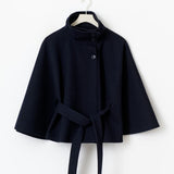 Women's Winter Cape Coat with High Collar and Tie Belt – Wide-Sleeve Wrap Coat
