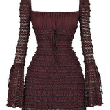 Rosalie | Elegant Brown Floral Lace Mini Dress with Drawstring Bust