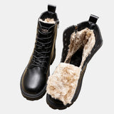Women's Black Winter Lace-Up Ankle Boots with Faux Fur Lining – Faux Leather Boots with Side Zip