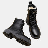 Women's Black Winter Lace-Up Ankle Boots with Faux Fur Lining – Faux Leather Boots with Side Zip