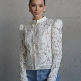 Florence | Broderie Anglaise Shirt with Stand Collar and Puff Sleeves