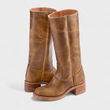 Women's Knee-High Western Leather Boots – Pull-On Boots with Block Heel, Autumn Winter