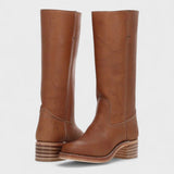 Women's Knee-High Western Leather Boots – Pull-On Boots with Block Heel, Autumn Winter