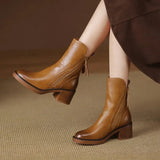 Women's Leather Ankle Boots with Block Heel and Side Zip – Pointed Toe Heeled Boots, Autumn Winter