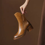 Women's Leather Ankle Boots with Block Heel and Side Zip – Pointed Toe Heeled Boots, Autumn Winter