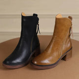 Women's Leather Ankle Boots with Block Heel and Side Zip – Pointed Toe Heeled Boots, Autumn Winter