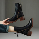 Women's Leather Ankle Boots with Block Heel and Side Zip – Pointed Toe Heeled Boots, Autumn Winter