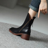 Women's Leather Ankle Boots with Block Heel and Side Zip – Pointed Toe Heeled Boots, Autumn Winter