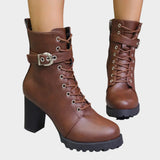 Women's Lace-Up Ankle Boots with Block Heel and Buckle – Side Zip Heeled Boots, Autumn Winter