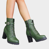 Women's Lace-Up Ankle Boots with Block Heel and Buckle – Side Zip Heeled Boots, Autumn Winter