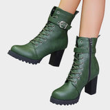 Women's Lace-Up Ankle Boots with Block Heel and Buckle – Side Zip Heeled Boots, Autumn Winter