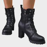 Women's Lace-Up Ankle Boots with Block Heel and Buckle – Side Zip Heeled Boots, Autumn Winter