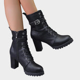 Women's Lace-Up Ankle Boots with Block Heel and Buckle – Side Zip Heeled Boots, Autumn Winter
