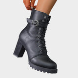 Women's Lace-Up Ankle Boots with Block Heel and Buckle – Side Zip Heeled Boots, Autumn Winter