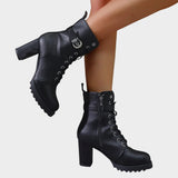 Women's Lace-Up Ankle Boots with Block Heel and Buckle – Side Zip Heeled Boots, Autumn Winter