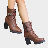 Women's Lace-Up Ankle Boots with Block Heel and Buckle – Side Zip Heeled Boots, Autumn Winter